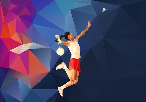 Abstract triangle style female professional badminton player doing smash