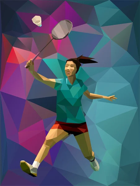 Abstraktní trojúhelník styl ženský badmintonový hráč dělá smeč — Stockový vektor