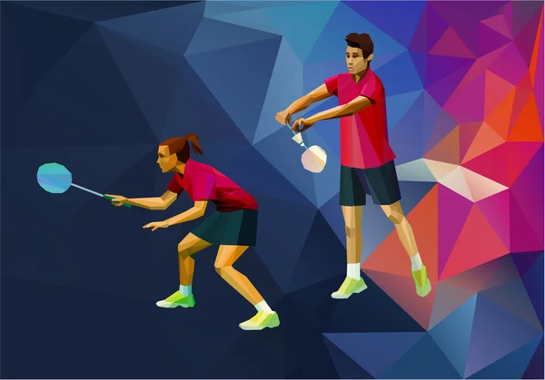 Giocatori di badminton professionali in stile triangolo creativo, coppia mista, doppio gioco, uomo e donna — Vettoriale Stock