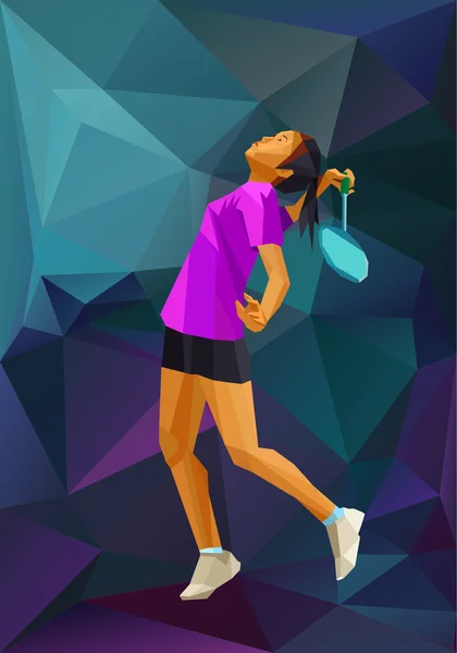 Triángulo abstracto estilo femenino jugador de bádminton profesional haciendo smash — Vector de stock