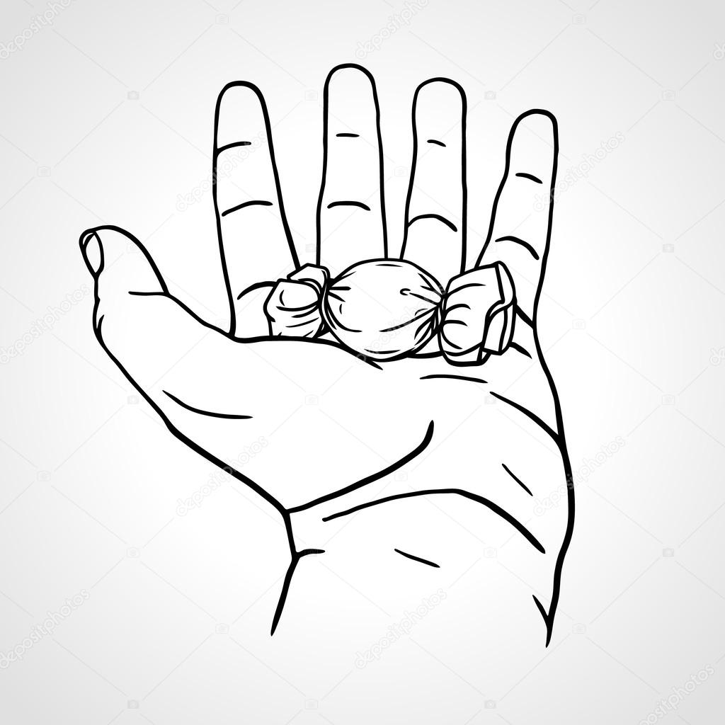 Vettoriale stockCaramelle al cioccolato in mano. La mano aperta offre una  caramella avvolta, mano vettore disegnato a mano di ©Kluva #59792823, image size:1024x1024
