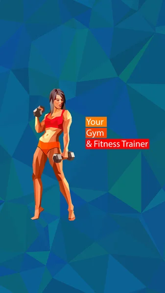 Colored posing fitness woman with dumbbells in polygonal style — Stock Vector