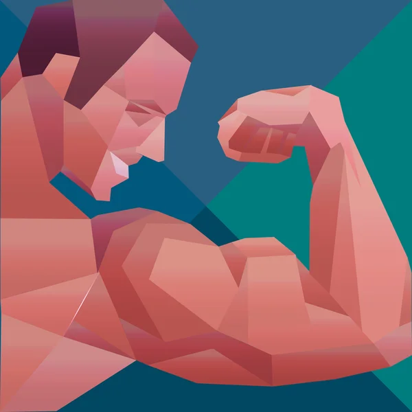 Veelhoekige gekleurde vector bodybuilder logo. Sportman toont zijn biceps. — Stockvector