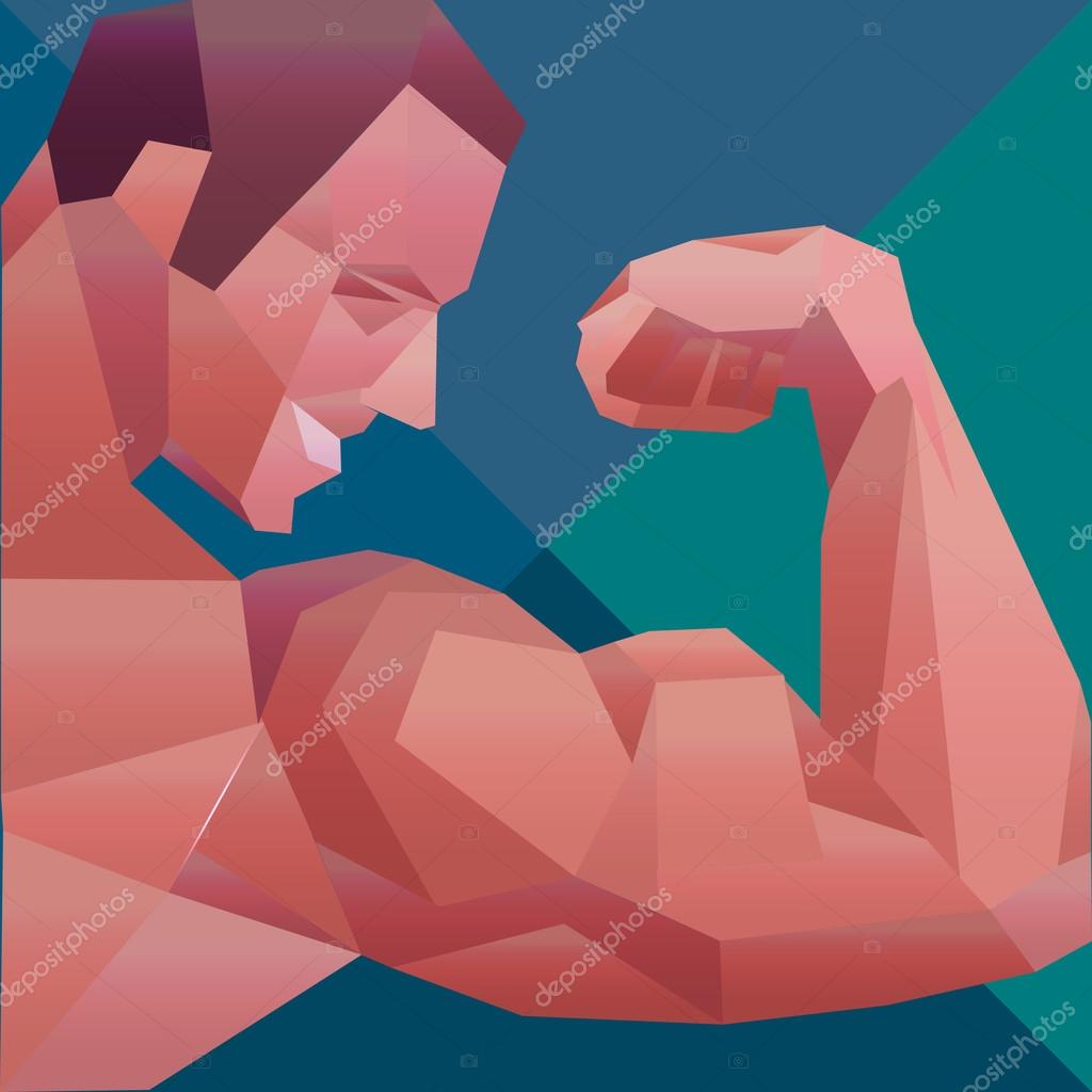 Polygonal colored vector bodybuilder logo. Sportsman shows his biceps. Fitness gym label. Vector illustration
