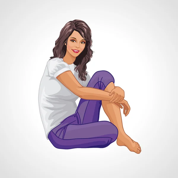 Desen animat zâmbind brunetă fată ședință frontală pe podea — Vector de stoc