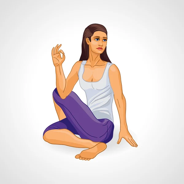 Chica en pose de yoga, Ardha Matsiendrasana, yoga asana — Archivo Imágenes Vectoriales