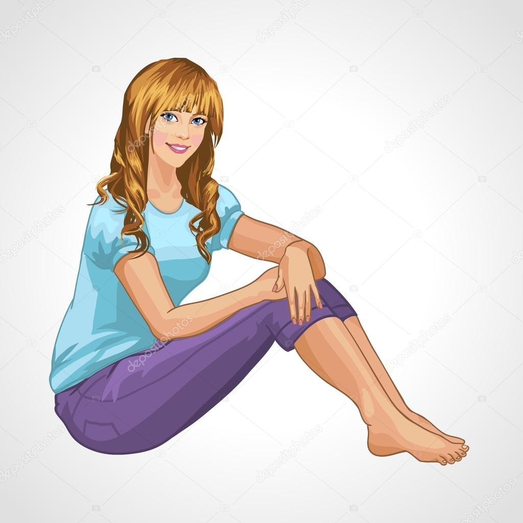 Cartoon smiling brunette girl sitting frontal on the floor