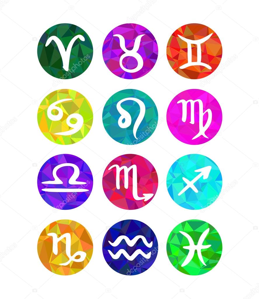 Set of calligraphic zodiac signs, horoscope symbols. Polygonal style