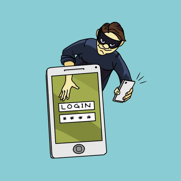 Sociaal netwerk hacker stelen wachtwoord van smartphone scherm, criminele op smart phone — Stockvector