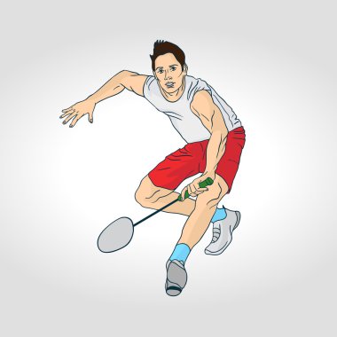 Profesyonel badminton oyuncu. Renkli elle çizilmiş karakter