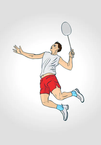 Joueur de badminton professionnel. Caractère dessiné à la main coloré — Image vectorielle