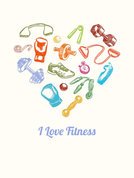 Fitness and gym Background. Hand drawn colorful icons set in the shape of heart — Stock Vector