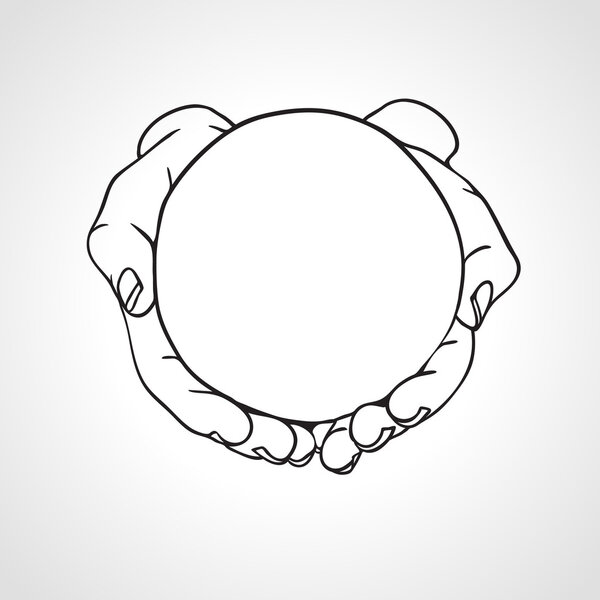 Closeup of cupped hands holding a round object. Hand drawn vector illustration