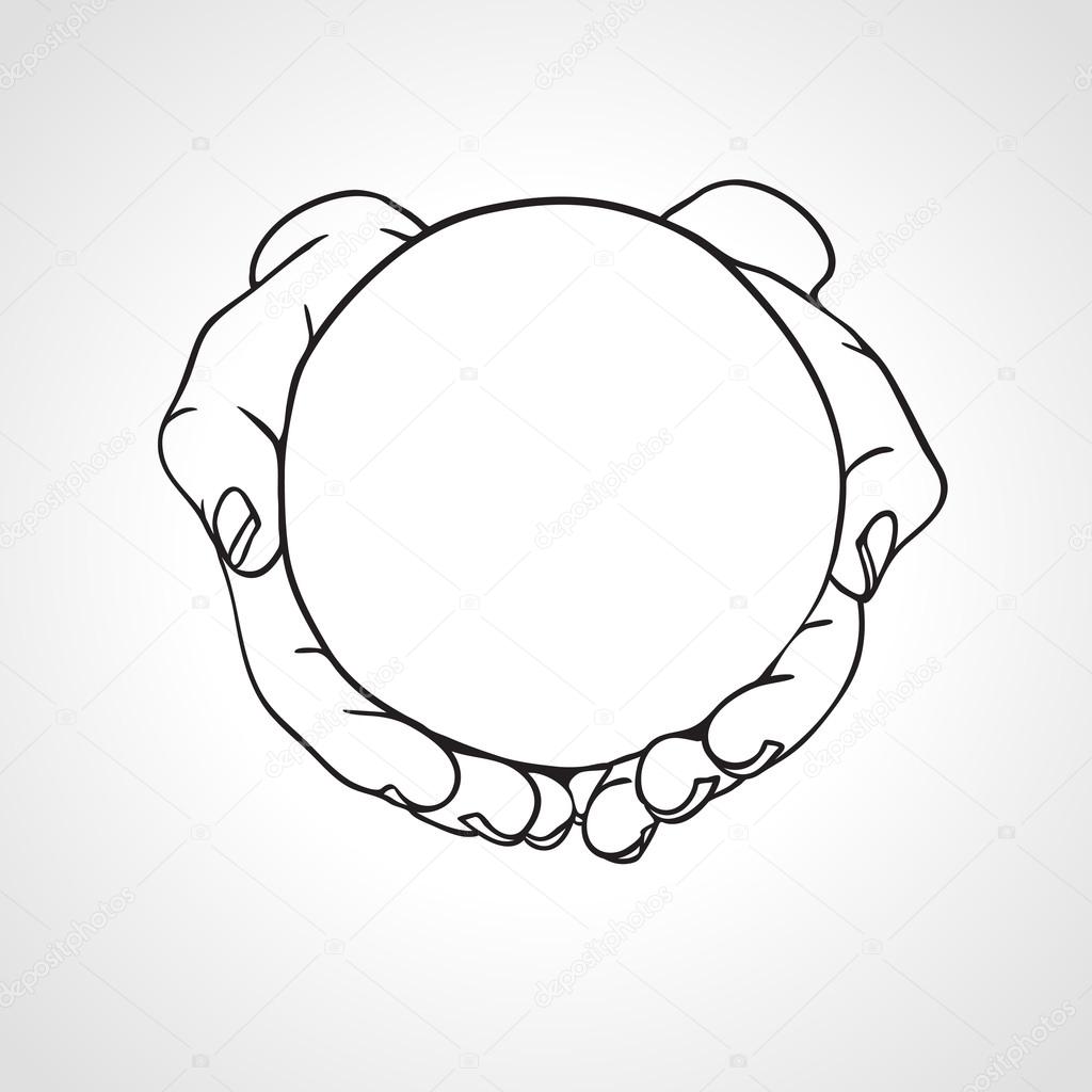 Closeup of cupped hands holding a round object. Hand drawn vector illustration