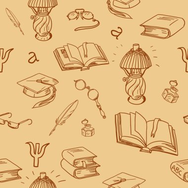 Kitaplar kütüphane seamless modeli. Arka plan--el çizilmiş doodle desen okuma.