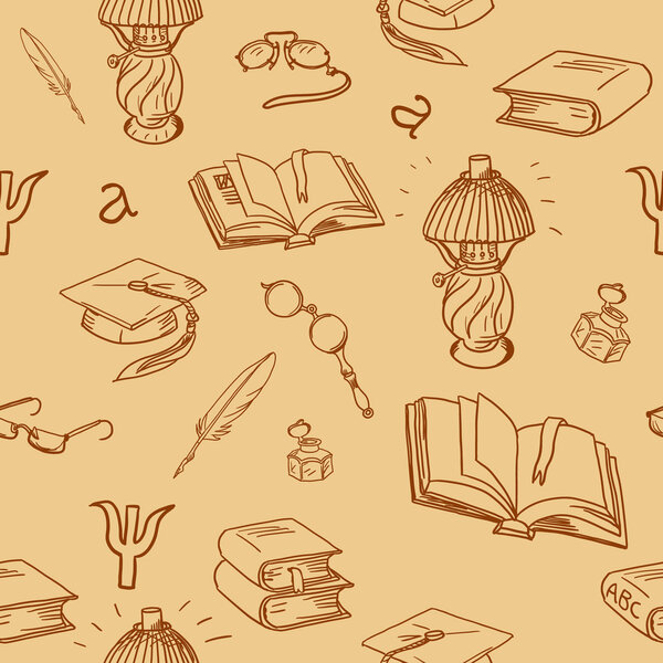 Books library seamless pattern. Reading background -- hand drawn doodle pattern.