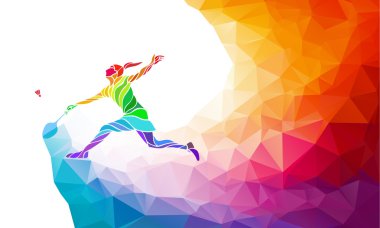 Badminton spor davet poster veya el ilanı ile arka plan boş boşluk, banner şablon trendy soyut renkli çokgen tarzı. Vektör gökkuşağı geri