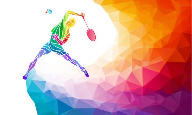 Badminton sport invitation poster or flyer background with empty space, banner template in trendy abstract colorful polygon style on rainbow back