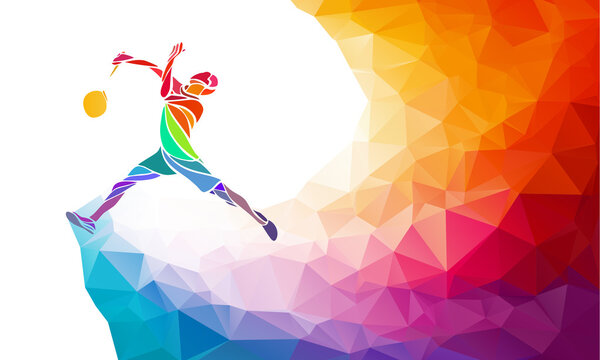 Badminton sport invitation poster or flyer background with empty space, banner template in trendy abstract colorful polygon style with rainbow back