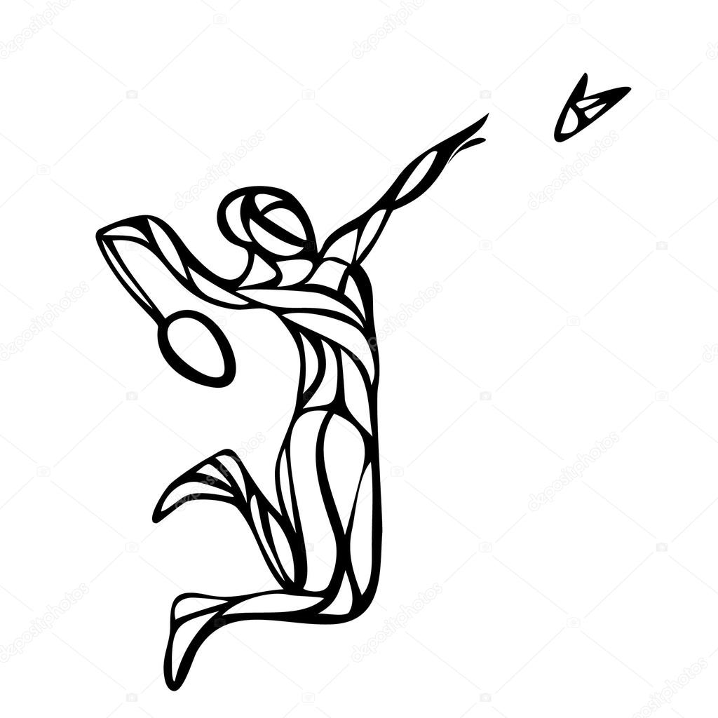 Silhouette of abstract female badminton player doing smash shot. Black and white outline professional badminton player.