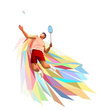 Poligon profesyonel badminton oyuncu renkli düşük Poli arka planda el ilanı, afiş, web, broşür, dergi için alan ile şut atışı yapıyor. Vektör çizim