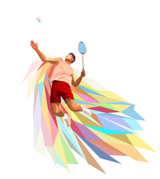 Polygonal professional badminton player on colorful low poly background doing smash shot with space for flyer, poster, web, leaflet, magazine. Vector illustration