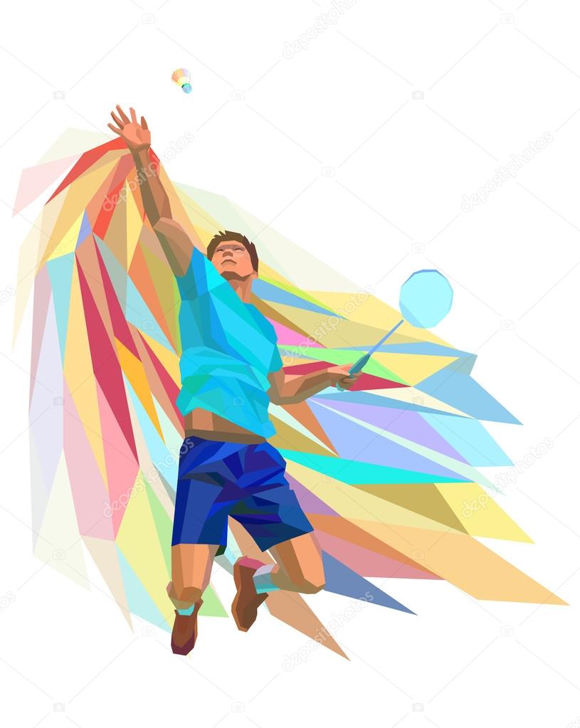 Polygonal professional badminton player on colorful low poly background  doing smash shot with space for flyer, poster, web, leaflet, magazine.  Vector illustration Stock Vector Image by ©Kluva #72544227
