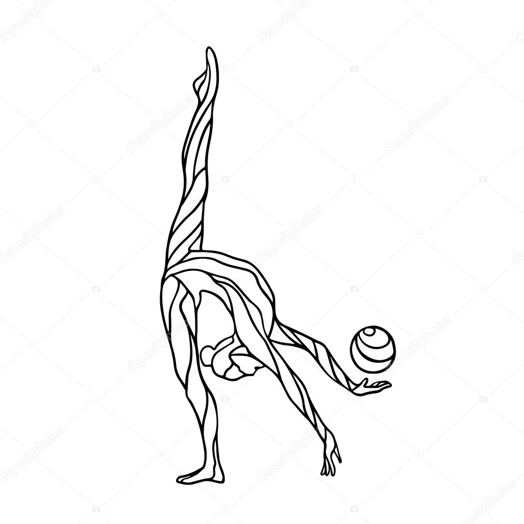 Creative silhouette of gymnastic girl. Art gymnastics with ball, vector illustration