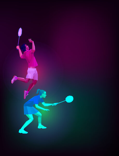 Badminton players mixed doubles team, man and woman start badminton game, vector badminton serve