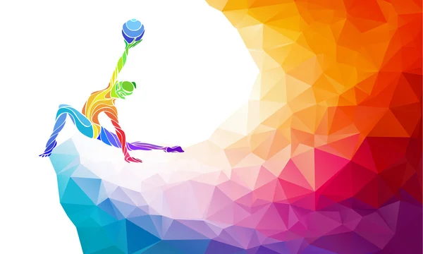 Kreative Silhouette des Turnmädchens. Kunstturnen mit Ball, Vektor-Illustration oder Bannervorlage im trendigen abstrakten, bunten Polygon-Stil mit Regenbogenrücken — Stockvektor