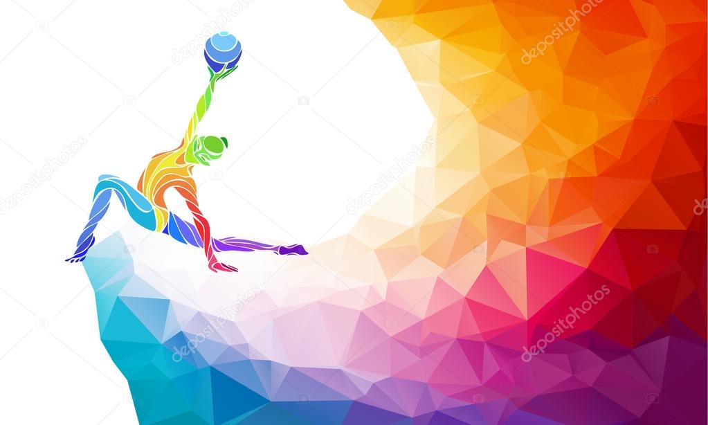 Creative silhouette of gymnastic girl. Art gymnastics with ball, vector illustration or banner template in trendy abstract colorful polygon style with rainbow back