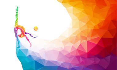 jimnastik kız yaratıcı silüeti. Sanat jimnastik topu ile vektör illüstrasyon veya banner şablon gökkuşağı arka ile trendy soyut renkli çokgen tarzında