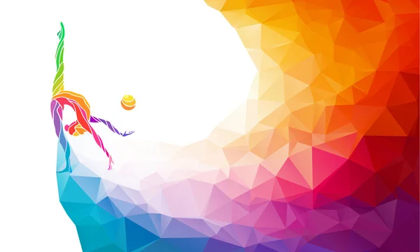 Kreative Silhouette des Turnmädchens. Kunstturnen mit Ball, Vektor-Illustration oder Bannervorlage im trendigen abstrakten, bunten Polygon-Stil mit Regenbogenrücken — Stockvektor