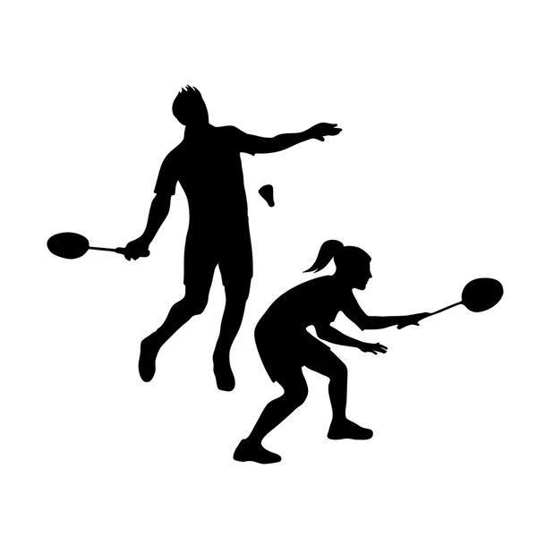 Silhouette di giocatori misti del Team Badminton. Doppia mista per badminton — Vettoriale Stock