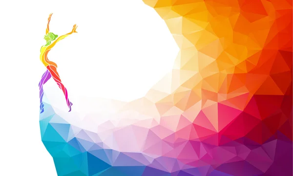 Creatieve silhouet van gymnastische meisje. Fitness vectorillustratie of sjabloon voor spandoek in trendy abstracte kleurrijke veelhoekstijl met regenboog terug — Stockvector