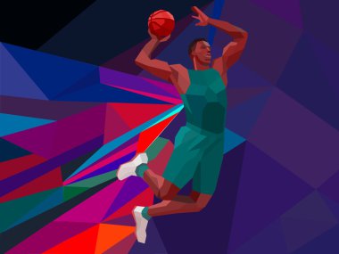 Renkli düşük Poli arka plan ayarla yan her Çokgen geometrik tarzı illüstrasyon atlama çekim bir basketbol oyuncu atlama atış Jumper bakıldığında.