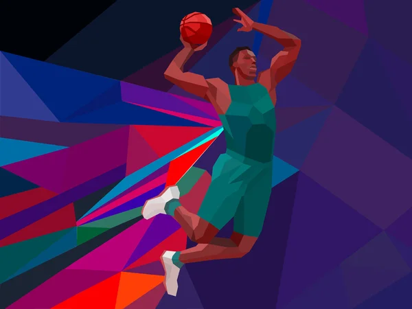 多边形的几何风格插图的跳射击跳跃的篮球球员跳投线从一侧上多彩的低聚背景设置. — 图库矢量图片