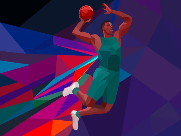 Ilustración de estilo geométrico poligonal de un jugador de baloncesto salto tiro jumper salto de tiro visto desde el lado establecido sobre fondo de poli de colores bajos . — Archivo Imágenes Vectoriales