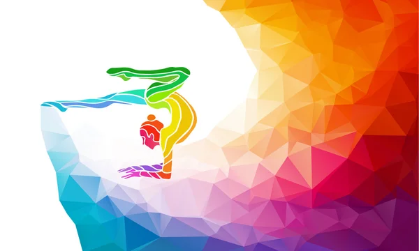 jimnastik kız yaratıcı silüeti. Sanat jimnastik topu ile vektör illüstrasyon veya banner şablon gökkuşağı arka ile trendy soyut renkli çokgen tarzında