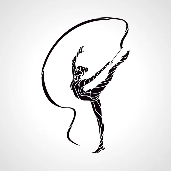 Creatieve silhouet van gymnastische meisje. kunst gymnastiek met lint, vectorillustratie — Stockvector