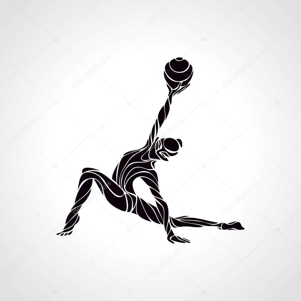 Creative silhouette of gymnastic girl. Art gymnastics with ball, black and white vector illustration