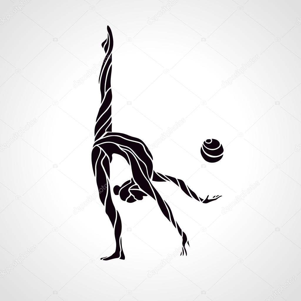 Creative silhouette of gymnastic girl. Art gymnastics with ball, vector illustration