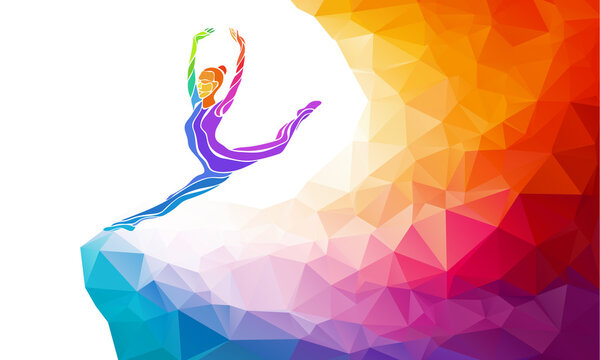 Creative silhouette of gymnastic girl. Fitness vector illustration or banner template in trendy abstract colorful polygon style with rainbow back
