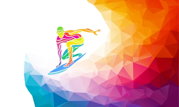 Kreatywnych sylwetka surfer. Ilustracja wektorowa fitness lub szablon transparent w stylu modnych streszczenie wielokąt kolorowy z powrotem tęczy — Wektor stockowy