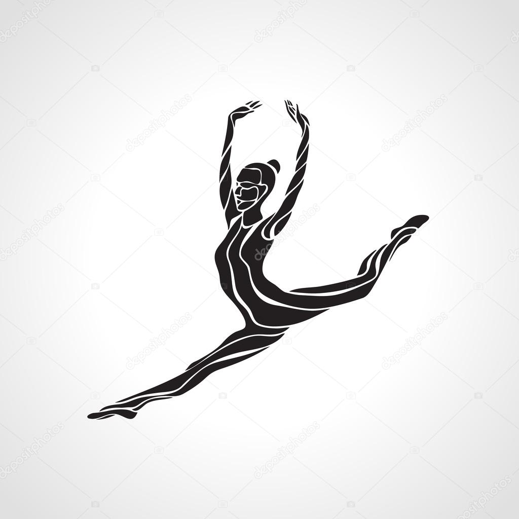Creative silhouette of gymnastic girl. Art rhythmic gymnastics, black and white vector illustration