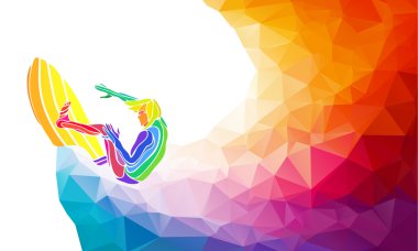 Sörfçü yaratıcı silüeti. Fitness vektör çizim veya banner şablon trendy soyut renkli çokgen tarzı geri gökkuşağı ile