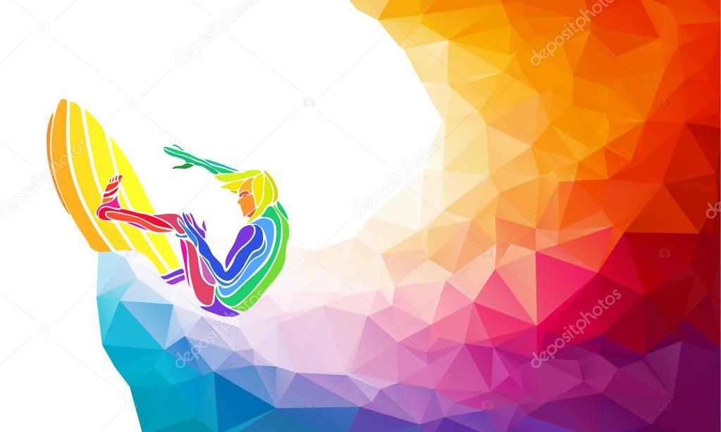 Creative silhouette of surfer. Fitness vector illustration or banner template in trendy abstract colorful polygon style with rainbow back