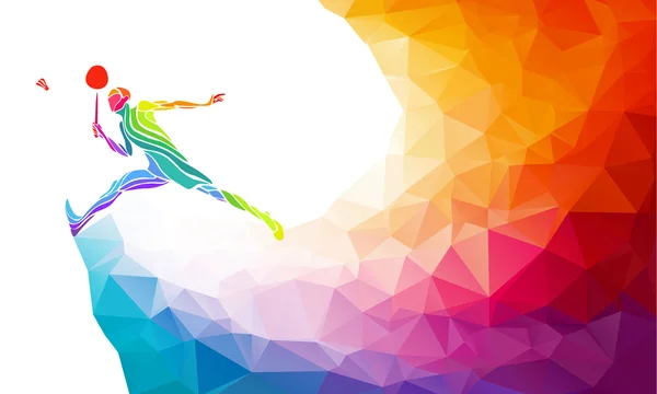 Badminton Sport Einladungsplakat oder Flyer Hintergrund mit leeren Raum, Banner Vorlage in trendigen abstrakten bunten Polygon-Stil auf Regenbogenrücken — Stockvektor