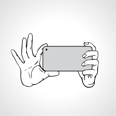 Selfie fotoğrafta üzerinde akıllı telefon genel kavram. Anahat vektör çizim