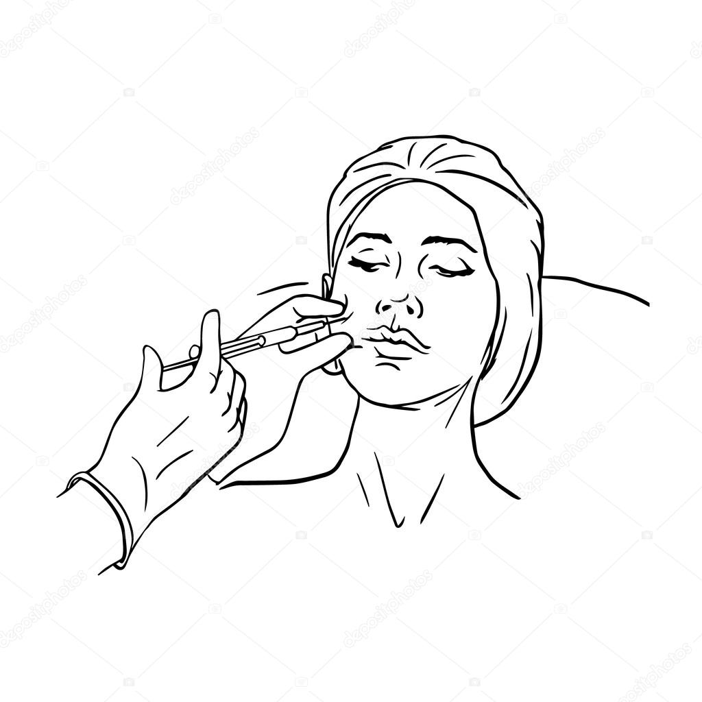 Cosmetic injection in the female face. Vector outline illustration